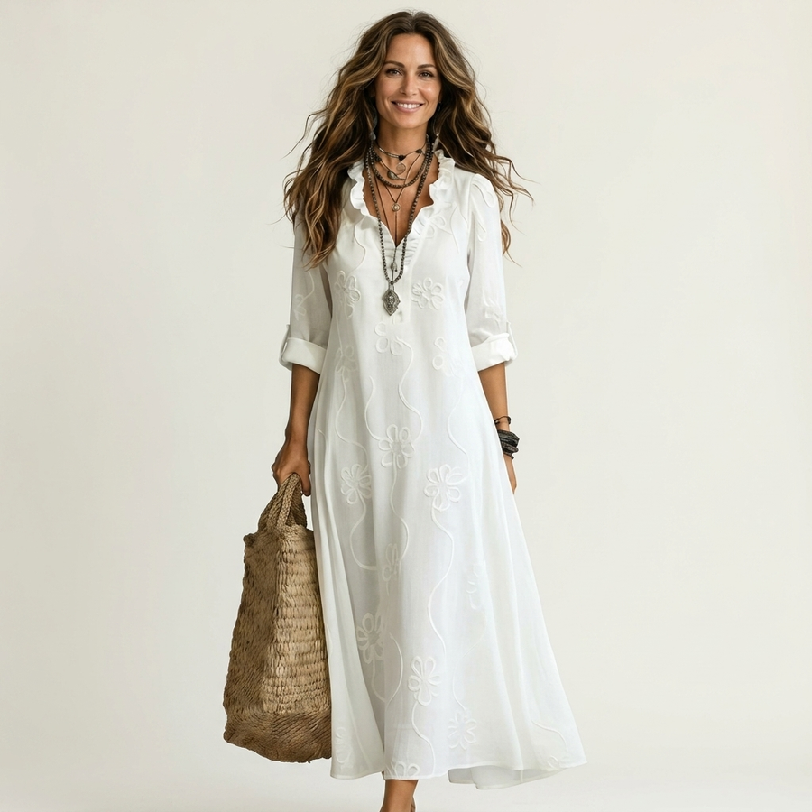 Mariam | Cotton-Linen Dress with Tonal Floral Embroidery