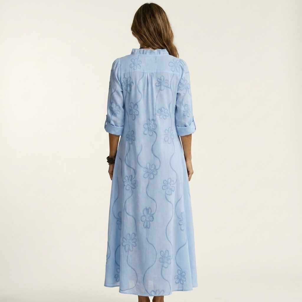 Mariam | Cotton-Linen Dress with Tonal Floral Embroidery