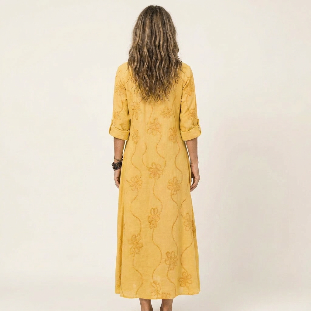 Mariam | Cotton-Linen Dress with Tonal Floral Embroidery