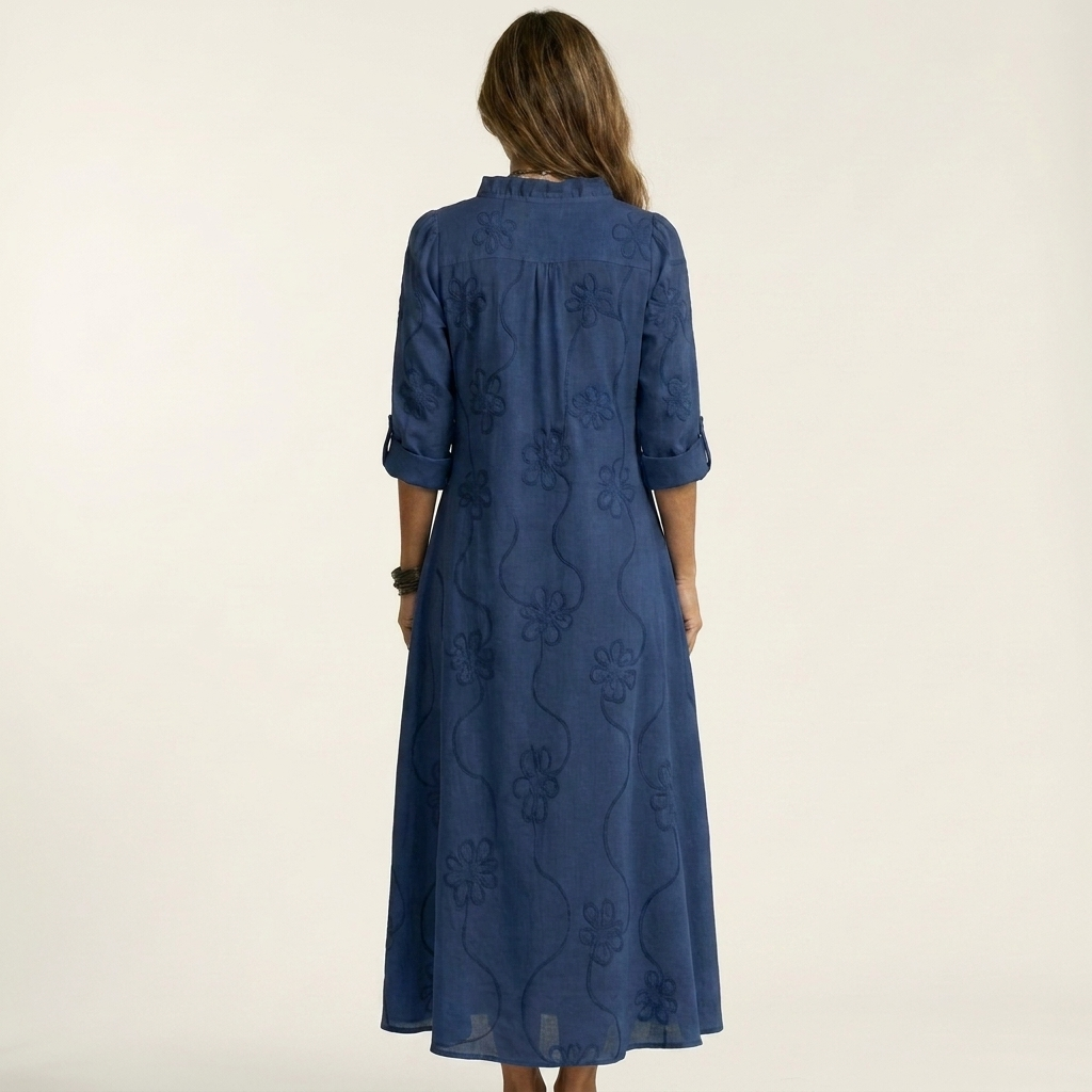 Mariam | Cotton-Linen Dress with Tonal Floral Embroidery