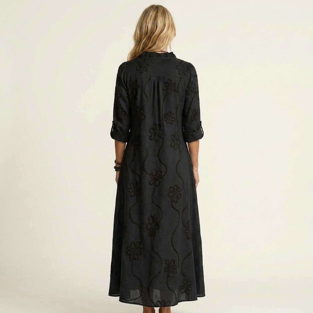 Mariam | Cotton-Linen Dress with Tonal Floral Embroidery