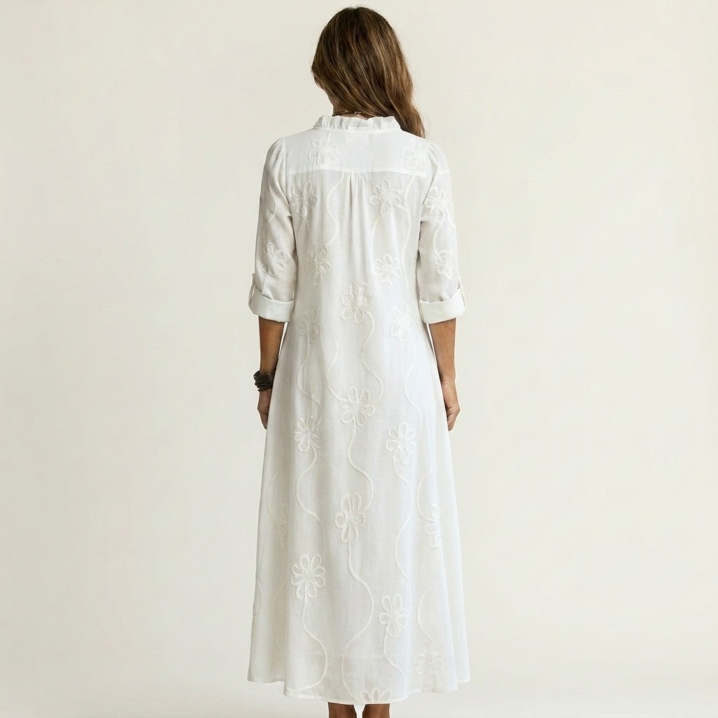 Mariam | Cotton-Linen Dress with Tonal Floral Embroidery