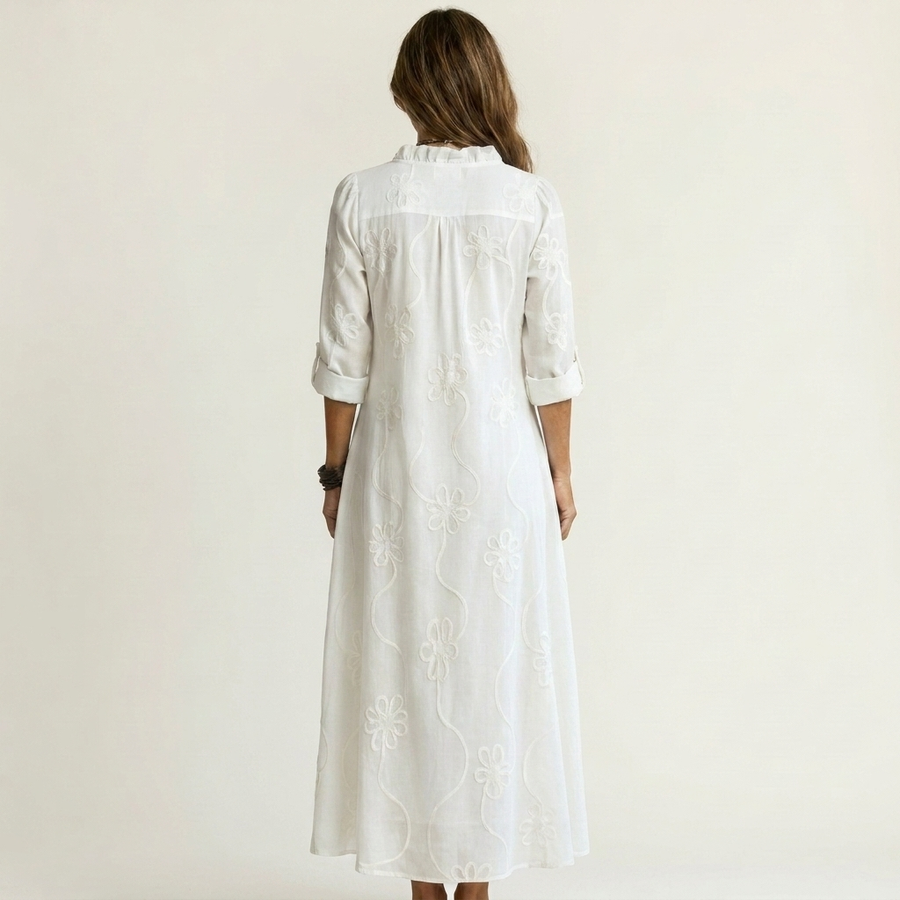 Mariam | Cotton-Linen Dress with Tonal Floral Embroidery