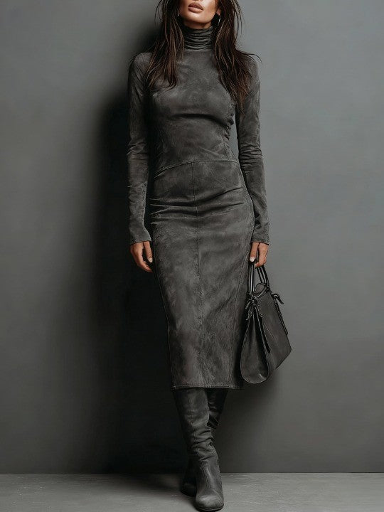 Ilaria™ - Midi Dress with High Collar and Long Sleeves