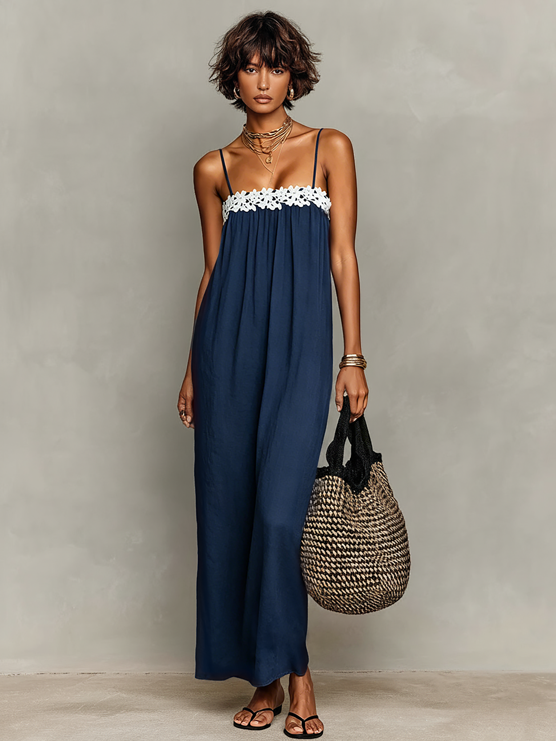 Women's Minimalist Lace-Paneled Strapless With Spaghetti Straps Maxi Dress