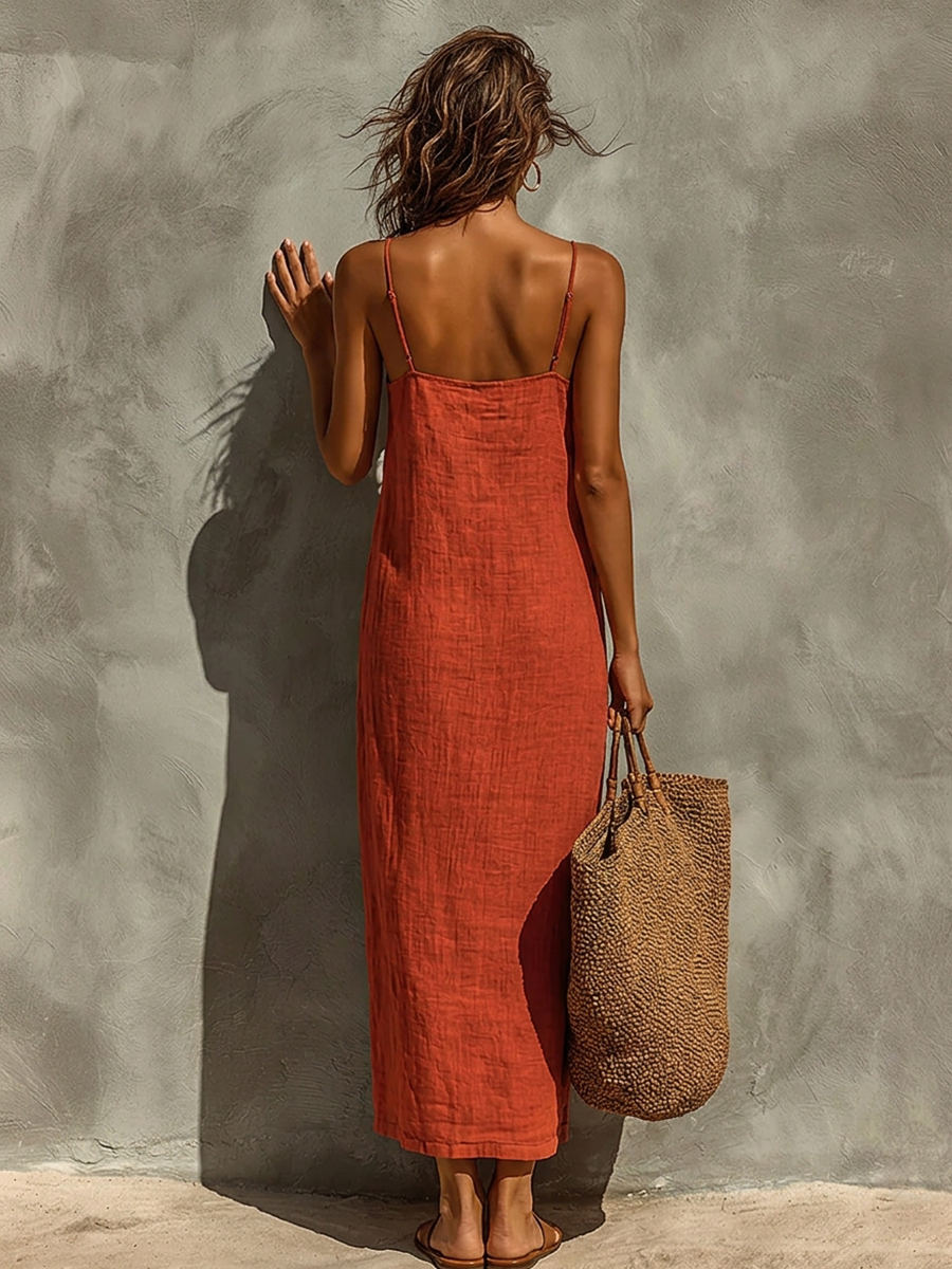 Women's Red Dress With Spaghetti Straps & Square Neck, Timeless Boho-Resort Style Dress