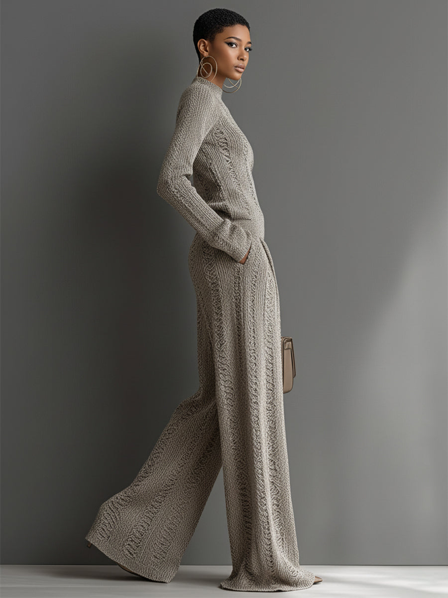 Women's Taupe Elegant Sweater & Wide - Leg Pants Set knit