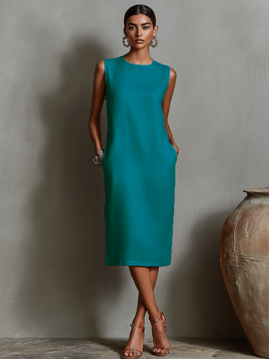 Women's Orange Dress With Sleeveless Round Neck & Side Pockets, Timeless Minimalist-Elegant Style Dress